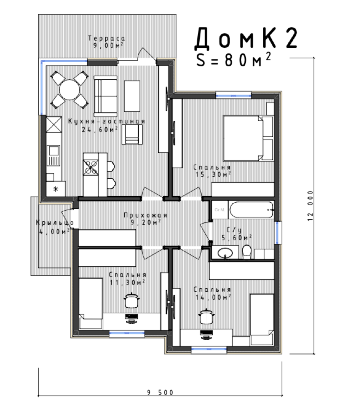 Планировка проекта К-2 площадью 80 м²