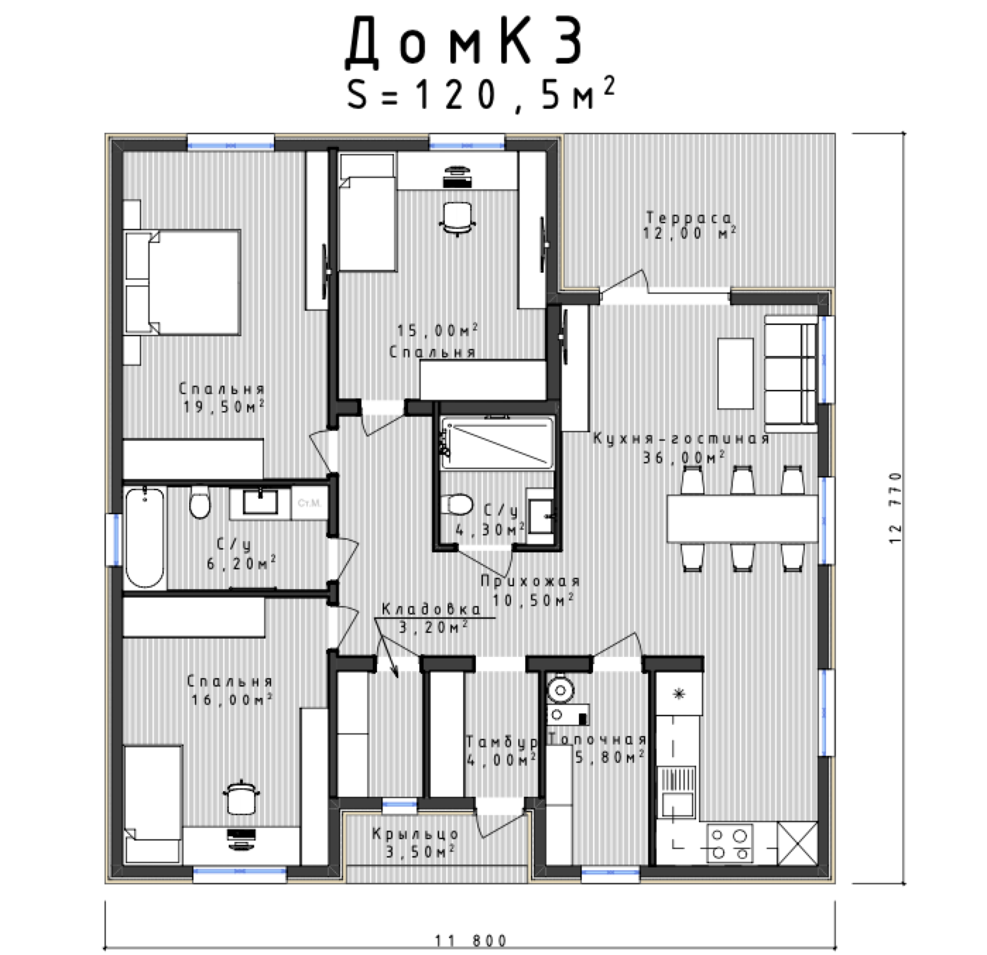 Планировка проекта К-3 площадью 120.5 м²