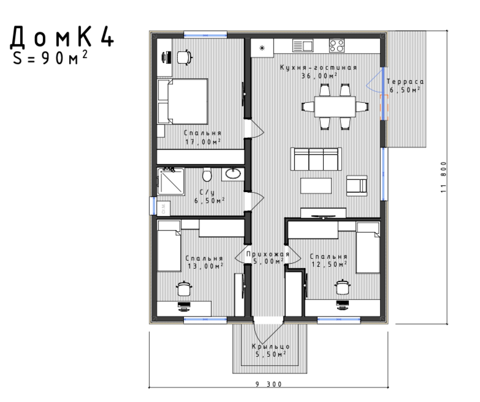 Планировка проекта К-4 площадью 90 м²