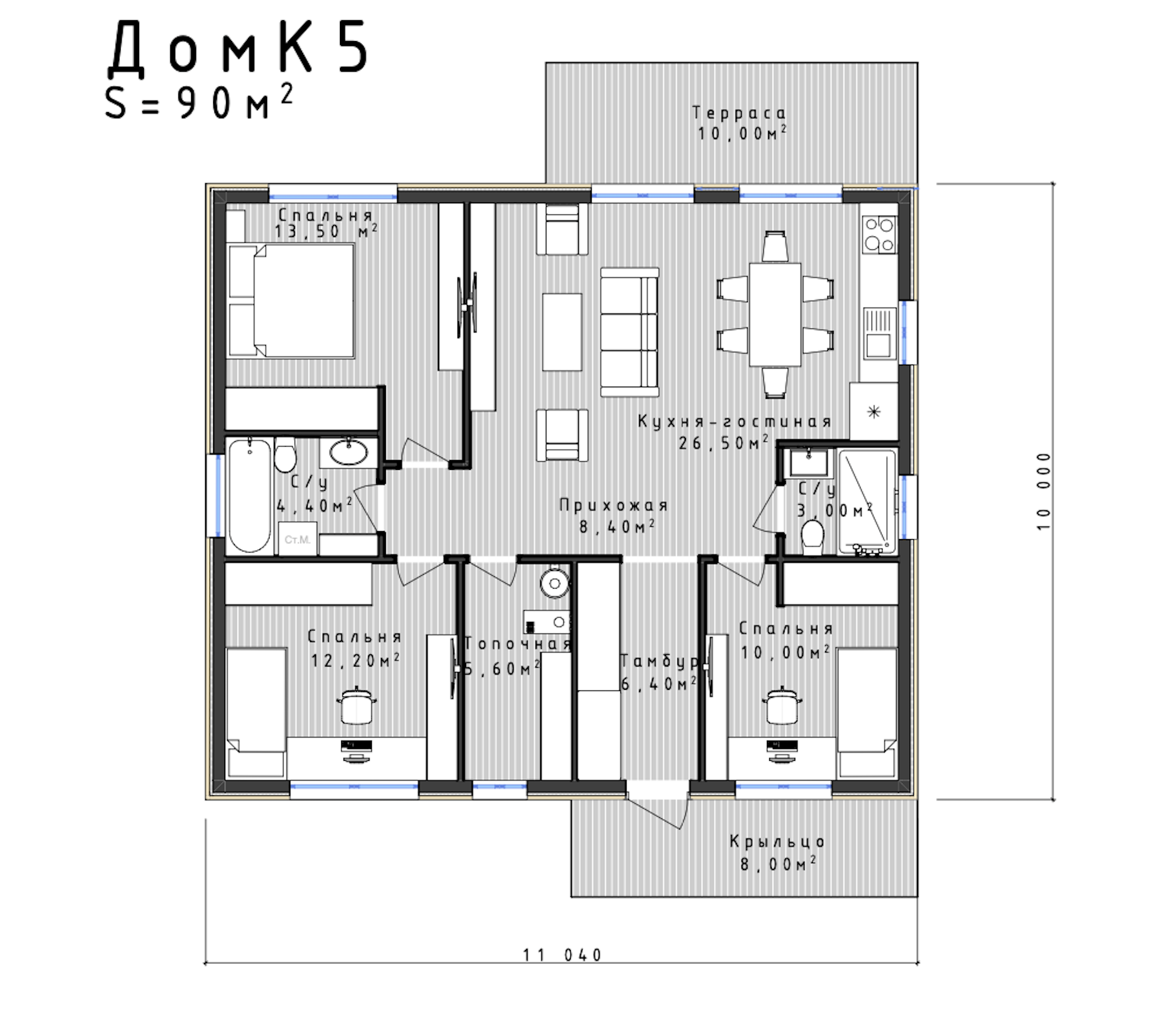 Планировка проекта К-5 площадью 90 м²
